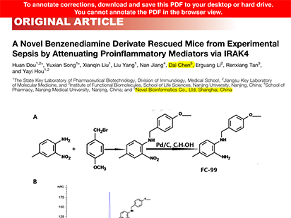 Dou H, et al. A Novel Benzenediamine Derivate Rescued Mice from Experimental Sepsis by Attenuating Proinflammatory Mediators via IRAK4. Am J Respir Cell Mol Biol.?2014 Aug;51(2):191-200. (IF=4.109)